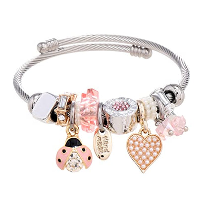 DS Charm Bracelets for girls,exquisite cute cartoon friendship bracelets Silver Stainless Steel Bangle with birthday Gift box, Adjustable girls jewelry Suitable for holiday gifts - style: Silver-pink beetle