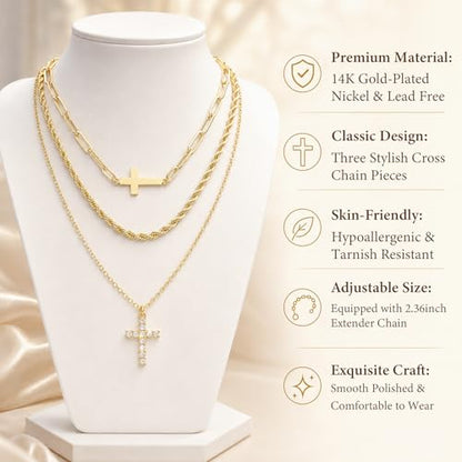 3pcs Gold Cross Necklace for Women, Layered Necklace | 14K Gold Plated Cross Necklaces, Cubic Zirconia Layered Necklace for Women Adjustable Stackable Necklaces Jewelry Set Gift