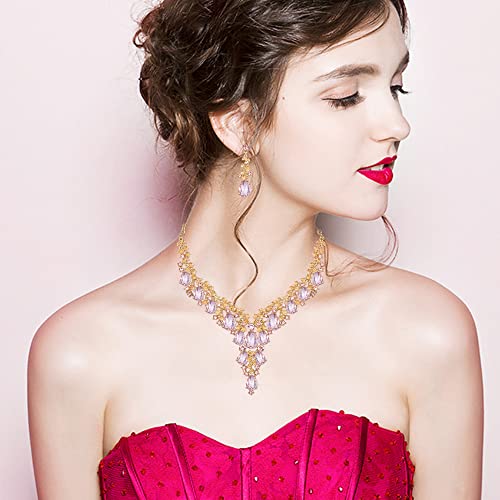 CSY Elegant Crystal Costume Jewelry Sets Flower Bridal Necklace Earrings Stretch Bangle Set for Bride Bridesmaid Wedding Dress Accessories - color: pink crystal