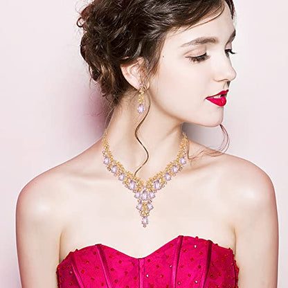 CSY Elegant Crystal Costume Jewelry Sets Flower Bridal Necklace Earrings Stretch Bangle Set for Bride Bridesmaid Wedding Dress Accessories - color: pink crystal