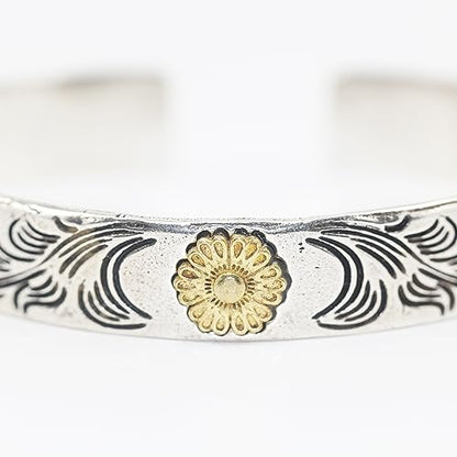 Innocence S925 Silver-Plated Antique Wide Feather Cuff Bracelet For Men Women Adjustable Retro Twisted Feathers Bracelets Gift Jewelry - color: Flower