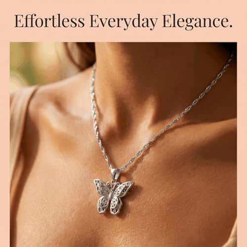 SHINYY Butterfly Pendant Necklace for Women 18K Stainless Steel Charm Bracelet Jewelry Gift for Her - color: Silver