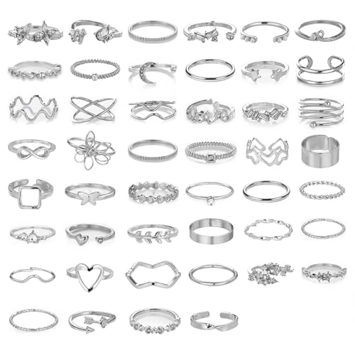 42-Piece Gold Tone Stackable Ring Set for Women, Boho Minimalist Stacking Rings with Crystal & Heart Accents, Adjustable Open Band Jewelry for Daily Wear - style: TZY-003352-01
