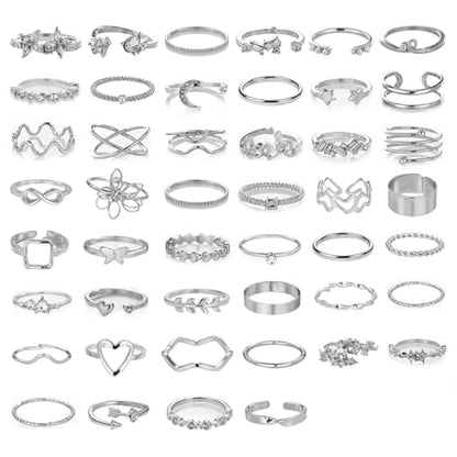 42-Piece Gold Tone Stackable Ring Set for Women, Boho Minimalist Stacking Rings with Crystal & Heart Accents, Adjustable Open Band Jewelry for Daily Wear - style: TZY-003352-01