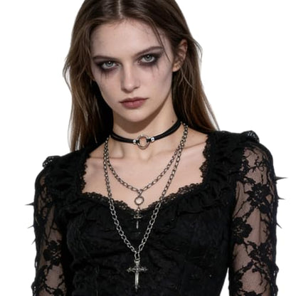 Black Choker for Women, Adjustable Layered Velvet Leather Lace Collar necklace, Goth necklace Gifts - color: Circle