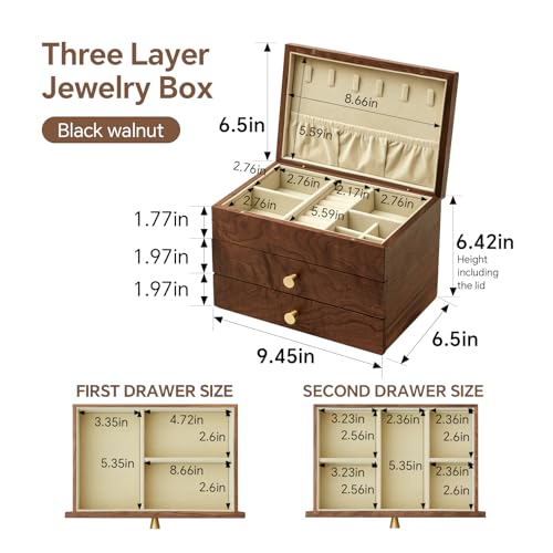Black Walnut 3 Layer Wooden Jewelry Box Organizer | For Women & Men, Velvet Lining, Earring & Ring Organizer, Large Capacity Drawer Design, For Necklaces & Bracelets - style: 3 layers