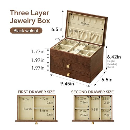 Black Walnut 3 Layer Wooden Jewelry Box Organizer | For Women & Men, Velvet Lining, Earring & Ring Organizer, Large Capacity Drawer Design, For Necklaces & Bracelets - style: 3 layers