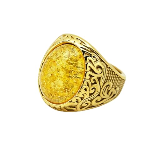Stainless Steel Oval Gemstone Signet Ring with Vintage Scrollwork, Multi-Color Statement Jewelry for Men - color: Gold, size: 10
