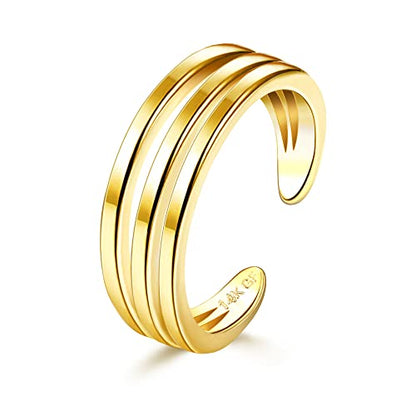 14K Gold Plated Toe Rings for Women | Adjustable Thin Toe Ring, Minimalist Open Band, Summer Beach Foot Jewelry - color: 3 Row Gold