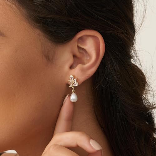 Pearl Earrings - 14K Gold/White Gold/Rose Gold Plated Cubic Zirconia CZ Diaomond Accented Pearl Drop Dangle Earrings for Women Wedding Bridal Prom - color: Leaf drop