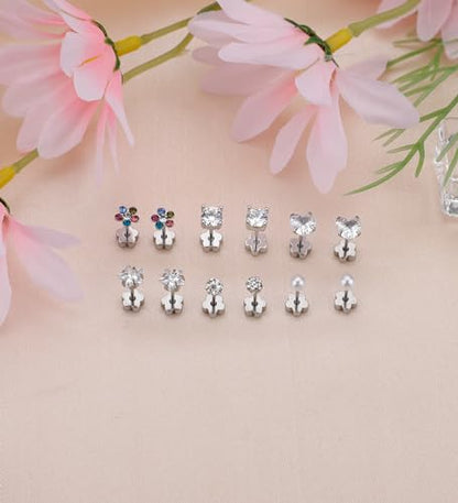 Staligue 8 & 21 Pairs Hypoallergenic Screw Back Earrings for Women – 20G Surgical Steel Flat Back Studs with Heart, CZ, Pearl, Star & Ball Designs | Tiny Cartilage Jewelry Options - color: White