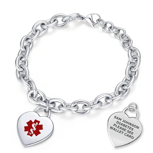 Custom Engraved Medical Alert ID Bracelet for Women | Heart Charm Medical ID Tag | Adjustable Curb Chain with Lobster Claw | Stainless Steel, Durable & Waterproof | Fits Wrists 8.5" (Silver) - style: Red