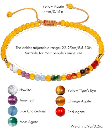 Colorful 7 Chakra Gemstones Beaded Anklet for Women Foot Jewelry | Adjustable 8.5-10 in, Ankle Bracelets for Women, Handmade, Positive Energy, Balance, Yoga, Meditation, Beach, Party, Vacation - style: Yellow Agate
