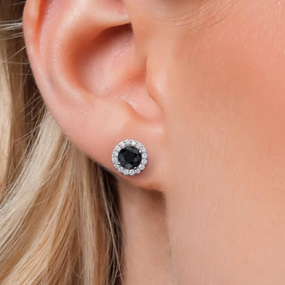 Gem Stone King 14K White Gold 6MM Round Gemstone Birthstone Stud Earrings with Removable Jackets and Lab Grown Diamond Accents | Gold Earrings For Women | Fine Jewelry Gift for Her Mom Women Wife - color: Black Sapphire-September