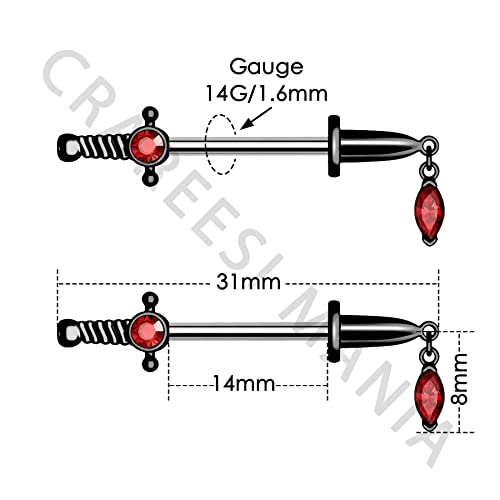 Dagger Nipple Ring 14G Gold Nipple Rings 316L Stainless Steel Nipple Piercing Jewelry Dangle Nipple Rings for Women Nipple Piercing Jewelry - color: Black