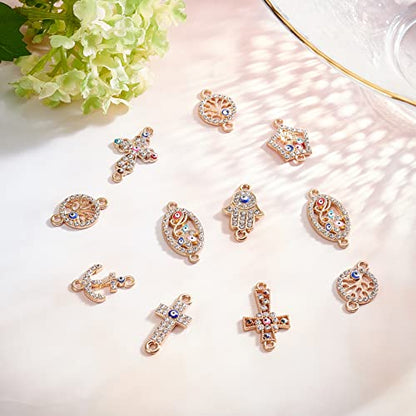 SUNNYCLUE 1 Box 32Pcs 8 Styles Evil Eye Connectors Golden Plated Rhinestone Cross Oval Hamsa Hand Flat Round Tree of Life Links Charms Lucky Chakra Pendants for Jewelry Making Charms Bracelets Crafts - color: 32pcs Rhinestone Cross Charms and Evil Eye Cha