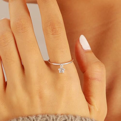 XAYAH Graduation Gifts 925 Sterling Silver Dainty Star Dangle Promise Ring for Women CZ Crystal Dangling Charm Stacking Ring Statement Engagement Rings Wedding Band Minimalist Birthday Jewelry Gifts - size: 7