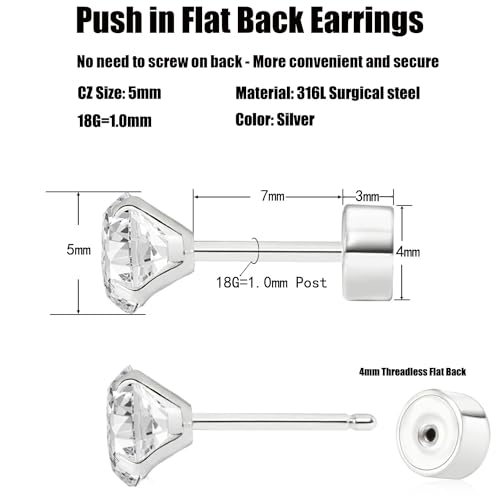 Threadless Flat Back Earrings, Hypoallergenic 14K Real Gold Plated CZ Stud Earrings | Cartilage Earring | Tragus Helix Piercing Jewelry | Push in Flatback Earrings for Women Men - color: Silver, size: 5 Millimeters