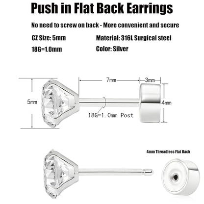 Threadless Flat Back Earrings, Hypoallergenic 14K Real Gold Plated CZ Stud Earrings | Cartilage Earring | Tragus Helix Piercing Jewelry | Push in Flatback Earrings for Women Men - color: Silver, size: 5 Millimeters