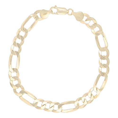14K Gold or Rhodium Plated Silver Figaro Diamond Cut Pave Chain For Men | 1mm-13mm Thick | Solid 925 Figaro Italian Necklaces For Men - style: 7.50MM- Yellow