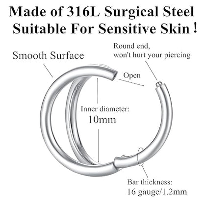 ORANGELOVE Double Hoop Nose Ring 18G 16G 316L Surgical Steel Cartilage Earring Septum Jewelry Seamless Hinged Clicker Segment Ring Conch Daith Tragus Helix Rook Piercing Earring Lip Ring - color: Silver, size: 1pc 16 Gauge 10mm