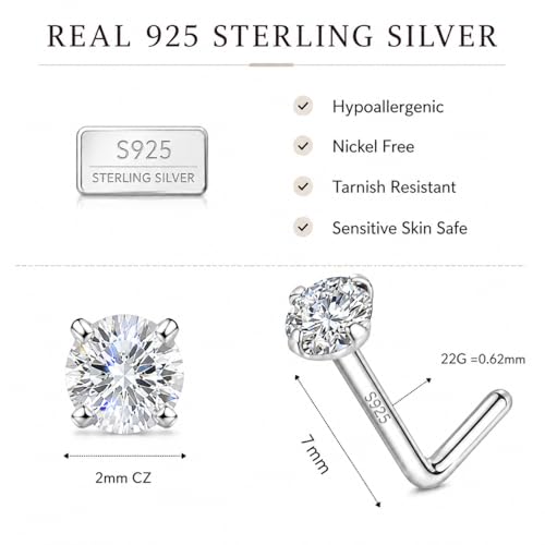 LUCKYJEWUS 925 Sterling Silver Nose Rings Studs for Women Men, 18G / 20G / 22G / 24G L Shaped Nose Stud Nose Piercing Jewelry - size: 2mm CZ, 22 gauge