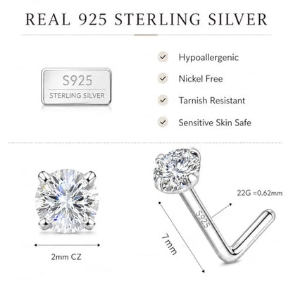 LUCKYJEWUS 925 Sterling Silver Nose Rings Studs for Women Men, 18G / 20G / 22G / 24G L Shaped Nose Stud Nose Piercing Jewelry - size: 2mm CZ, 22 gauge