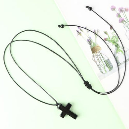 FANASY Natural Gemstone Pendant Necklace for Men Healing Crystal Pendant Adjustable Black Rope Necklace Jewelry Gifts for Women Men - color: X- Cross Obsidian