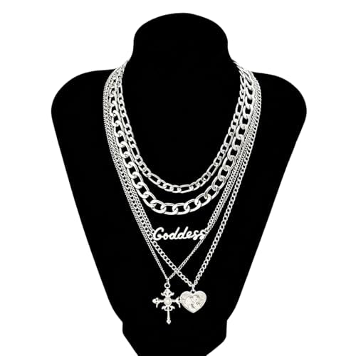 GYRMMUE 5 Pcs Chunky Gold Layered Necklaces Set for Women Heart Locket Coin Cross Pendant Necklaces Punk Hip Hop Charm Necklace Goddess Style Stacked Chain Necklace Christian Faith Jewelry - color: Silver