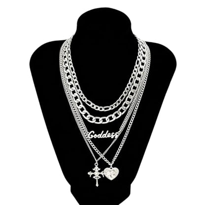 GYRMMUE 5 Pcs Chunky Gold Layered Necklaces Set for Women Heart Locket Coin Cross Pendant Necklaces Punk Hip Hop Charm Necklace Goddess Style Stacked Chain Necklace Christian Faith Jewelry - color: Silver