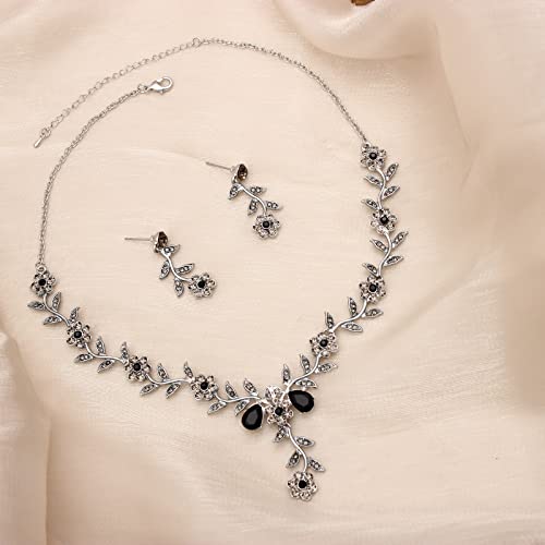 Flower Leaf Crystal Pendant Necklace Dangle Earrings Link Bracelet Bride Bridesmaid Jewelry Sets for Women Wedding Party - color: Black Diamond-Platinum Plated