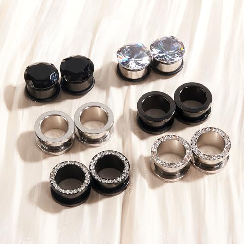 Longbeauty 12pcs Gorgeous Cubic Zirconia Tunnels 316L Stainless Steel Ear Gauges Earring Plugs for Ears Screw Fit Body Piercing Jewelry 4g-3/4 - color: Gauge=9/16"(14mm)