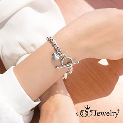 555Jewelry Stainless Steel Toggle Box Link Chain Heart Charm Bracelet for Women & Girls - color: Silver