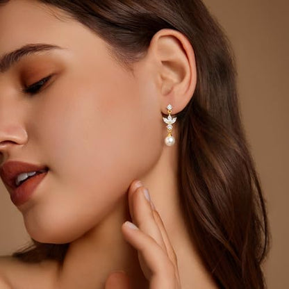 Pearl Earrings for Women 14k Gold/Silver Pearl Drop Earrings Long White Pearl Tassel Dangle Statement Earrings Bridal Wedding Dainty Prom Earrings Birthday Gifts Jewelry - color: Gold CZ Pearl Drop Earrings