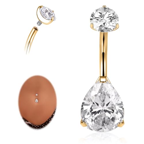 AROWRO Gold Belly Button Ring G23 Titanium Hypoallergenic 14G belly ring for Women Men Teardrop Navel Piercing Jewelry 10mm Barbell With Cubic Zircon - color: Gold+Teardrop Clear CZ