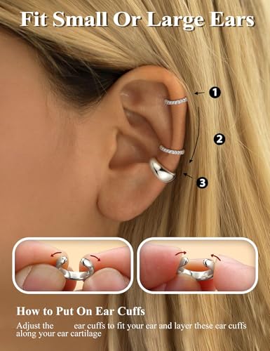 4Pairs 14K Gold Plated Ear Cuff Earrings for Women Non Piercing Jewelry | Hypoallergenic Earring Cuff for Sensitive Ears 14K Gold Silver Plated Non Tarnish Clip On Cartilage Fake Earring Set Trendy - color: White Gold plated Tone-Chic