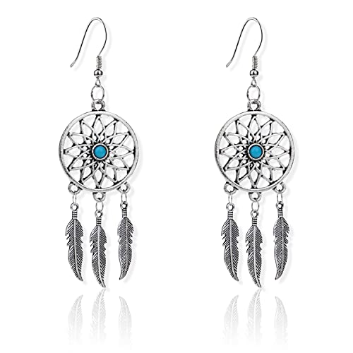 KaFu Woman Retro Silver BOHO Style Metal Dangle Drop Earrings Dream Catcher Statement Feather Dangle Tassels Turquoise Earrings for Women Girls - color: Silver-1