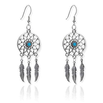 KaFu Woman Retro Silver BOHO Style Metal Dangle Drop Earrings Dream Catcher Statement Feather Dangle Tassels Turquoise Earrings for Women Girls - color: Silver-1