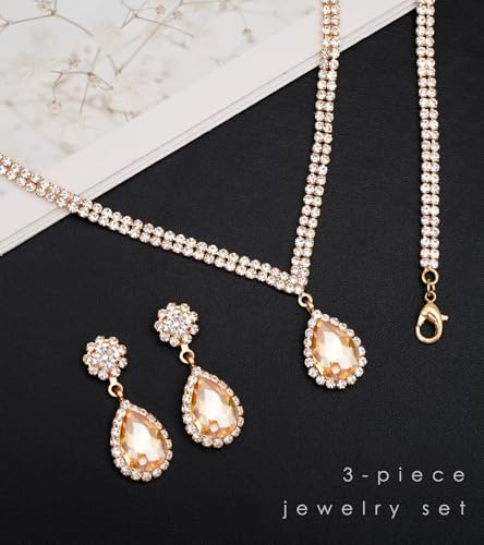 Elegant Silver Crystal Wedding Necklace Earrings Bracelet Jewelry Set for Women Brides Bridesmaids Prom Party Costume Accessory Bridal Jewelry - color: champagne-gold