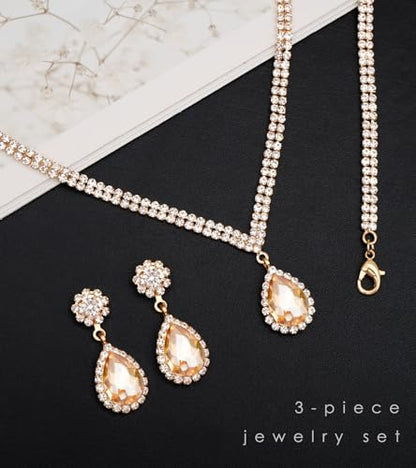 Elegant Silver Crystal Wedding Necklace Earrings Bracelet Jewelry Set for Women Brides Bridesmaids Prom Party Costume Accessory Bridal Jewelry - color: champagne-gold