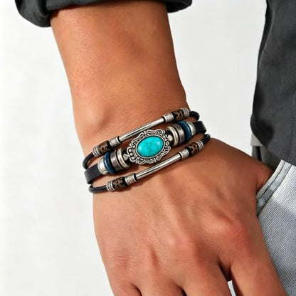 Leather Wrap Bracelets for Women Boho Multi-Layer Turquoise Bracelet Beads Stackable Bangle - color: B-Style