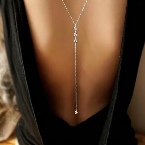 Dainty Crystal Back Chain for Women Sparkly Rhinestone Long Back Necklace for Backless Dress Summer Party Body Jewelry - color: Silver B
