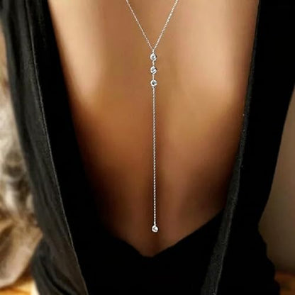 Dainty Crystal Back Chain for Women Sparkly Rhinestone Long Back Necklace for Backless Dress Summer Party Body Jewelry - color: Silver B
