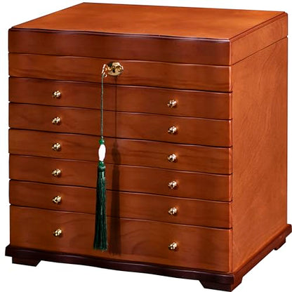 Solid Wood Jewelry Box w/Lock, 9-Layer Large Storage Organizer | Wooden Jewelry Cabinet for Women, 100+Compartments Armoire, Velvet Lining Drawers, Wavy Curved Glossy Brown Rustic Gift - style: Rustic
