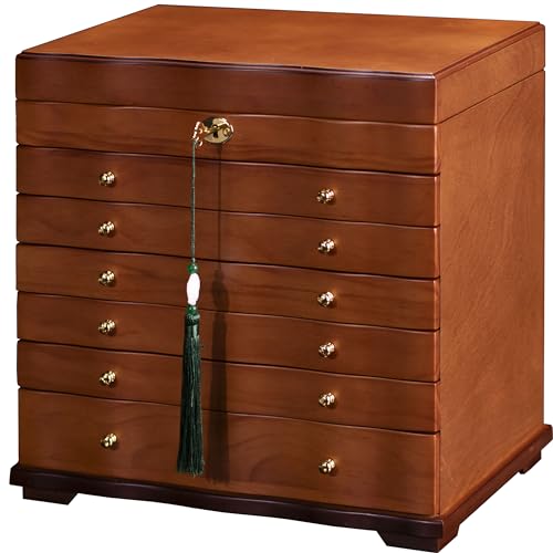 Solid Wood Jewelry Box w/Lock, 9-Layer Large Storage Organizer | Wooden Jewelry Cabinet for Women, 100+Compartments Armoire, Velvet Lining Drawers, Wavy Curved Glossy Brown Rustic Gift - style: Rustic