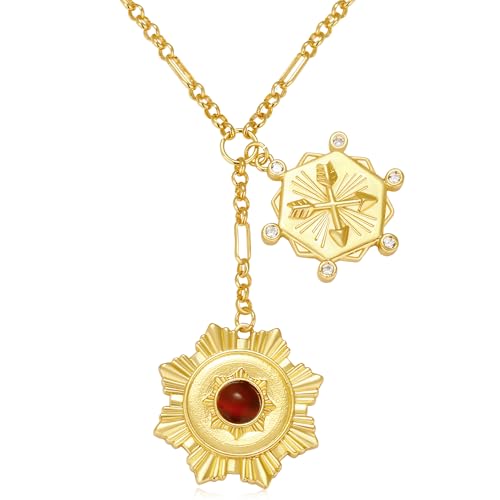 Chunky Gold Necklace for Women, 18K Waterproof Heart Necklace Statement Necklace Gold Charm Necklace Chunky Jewelry Paperclip Chain Choker Gift for Women - style: Flower Sun Coin