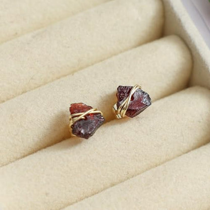 Gempires Wire Wrapped Raw Gemstone Stud Earrings for Women, Birthstone | Handmade wire-wrapped raw gemstone stud earrings — choose from stones and birthstones, artisan raw crystals on gold. - style: Red Garnet