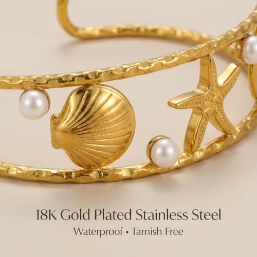 Starfish Open Cuff Bracelet for Women – 18K Gold Plated Stainless Steel, Adjustable Ocean-Inspired Arm Cuff, Waterproof, Hypoallergenic Beach Jewelry Gift - color: Starfish-Seashell 4