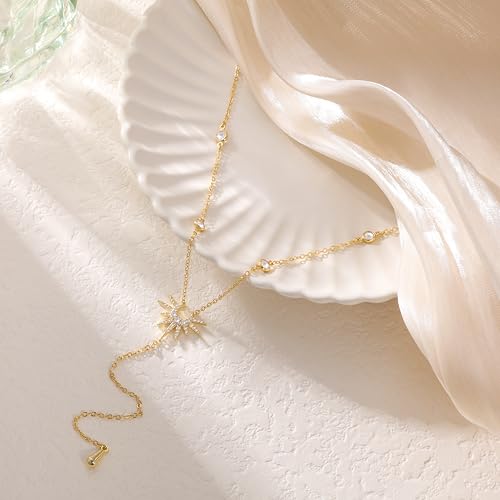 Lariat Gold Necklace for Women, Dainty Long Necklace 14k Gold Plated/Silver Y-Shaped Pendant Necklace Trendy Layered Cz Beaded Chain Drop Necklaces Simple Gold Jewelry for Women Gift - style: LC-1NK-24311-GDW