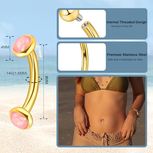 3-12 Pcs 14G Belly Button Rings Belly Rings for Women CZ Opal Navel Rings Belly Piercings Jewelry Belly Barbells Stainless Steel Body Belly Button Piercing Jewelry - color: Gold/Pink CZ 5pcs 8mm
